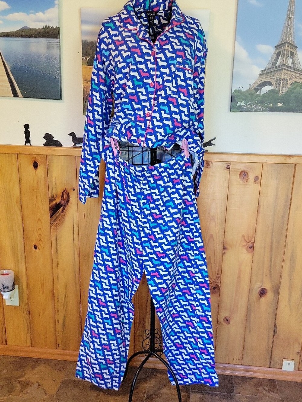 Joe Boxer Navy Dachshund-Print Button Pajama Top & bottom with Pink Piping - Picture 4 of 6